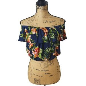 Papaya Womens Off-Shoulder Crop Top M Floral Ruffle Tropical Resort Hawaiian